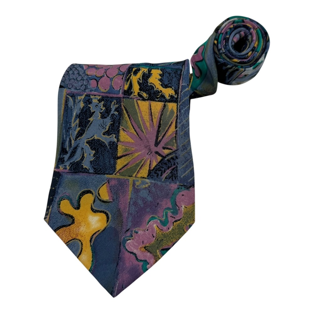Vintage Hand Made in Italy 100% Silk Abstract Geometric Patchwork Wide Tie 57x4